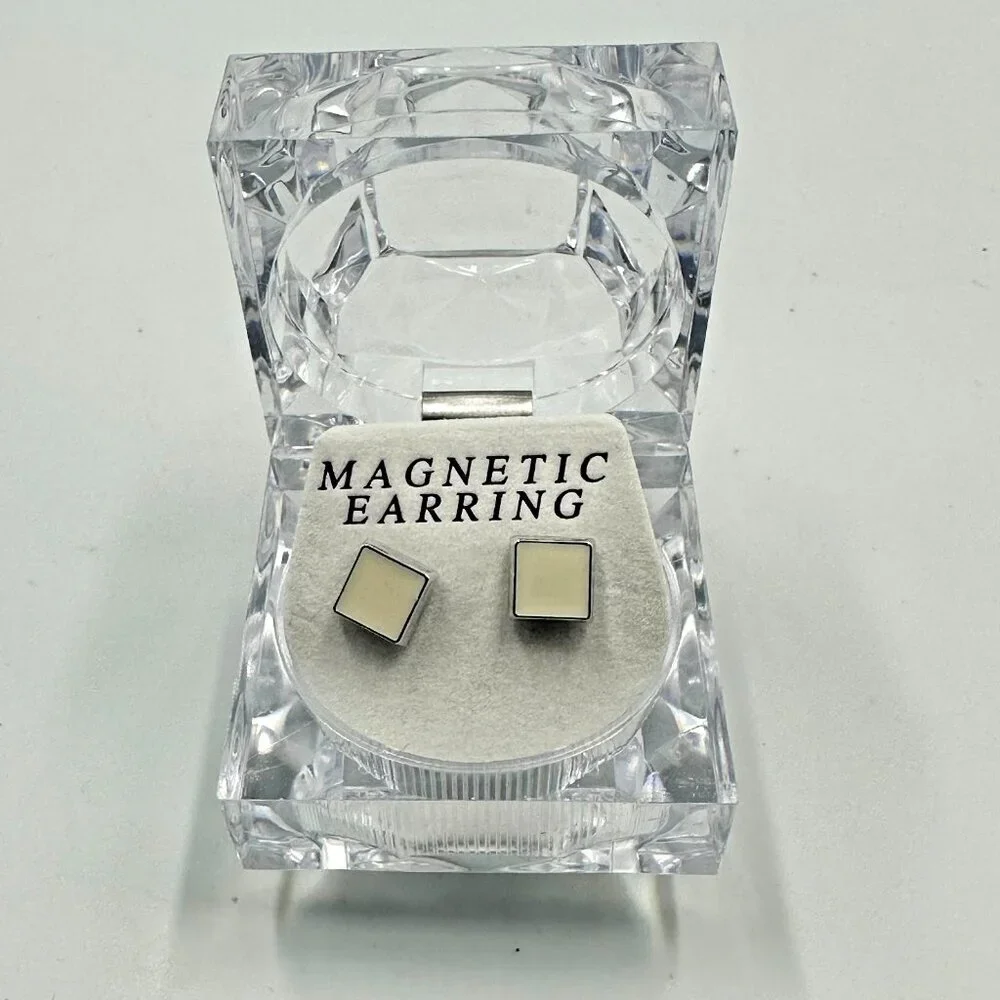 3/$30 Magnetic Square Stud Earrings Silver Cream Enamel Non Pierced Minimalist
